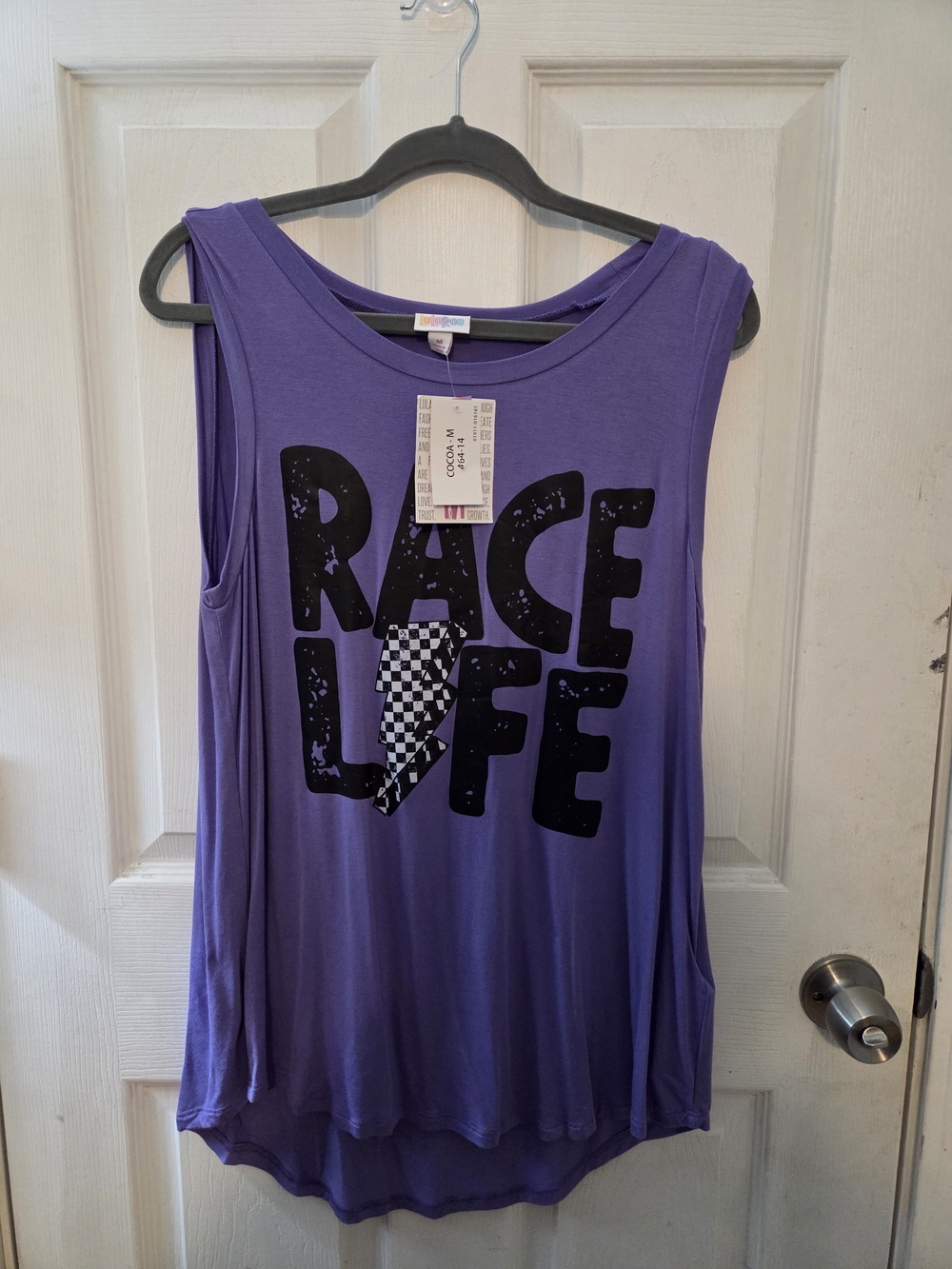 LuLaRoe Purple Graphic Muscle Tank with Checkered Accent